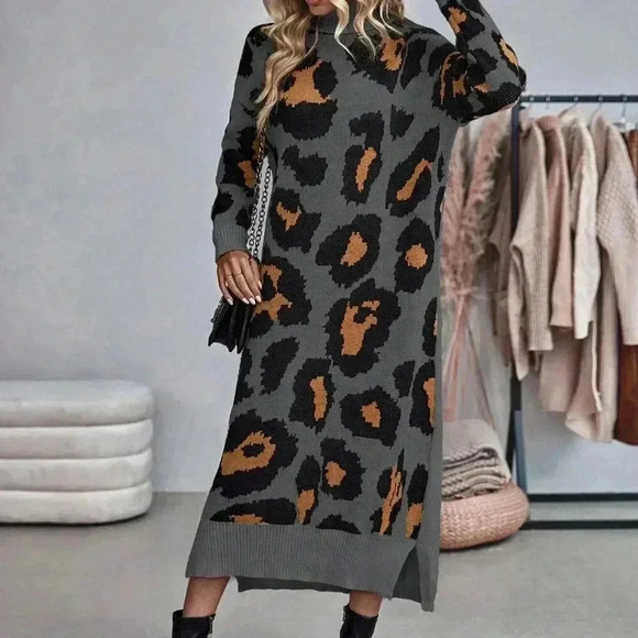 Multicolor Casual Women's Leopard Print Turtleneck Sweater Dress - Picture 4 of 6